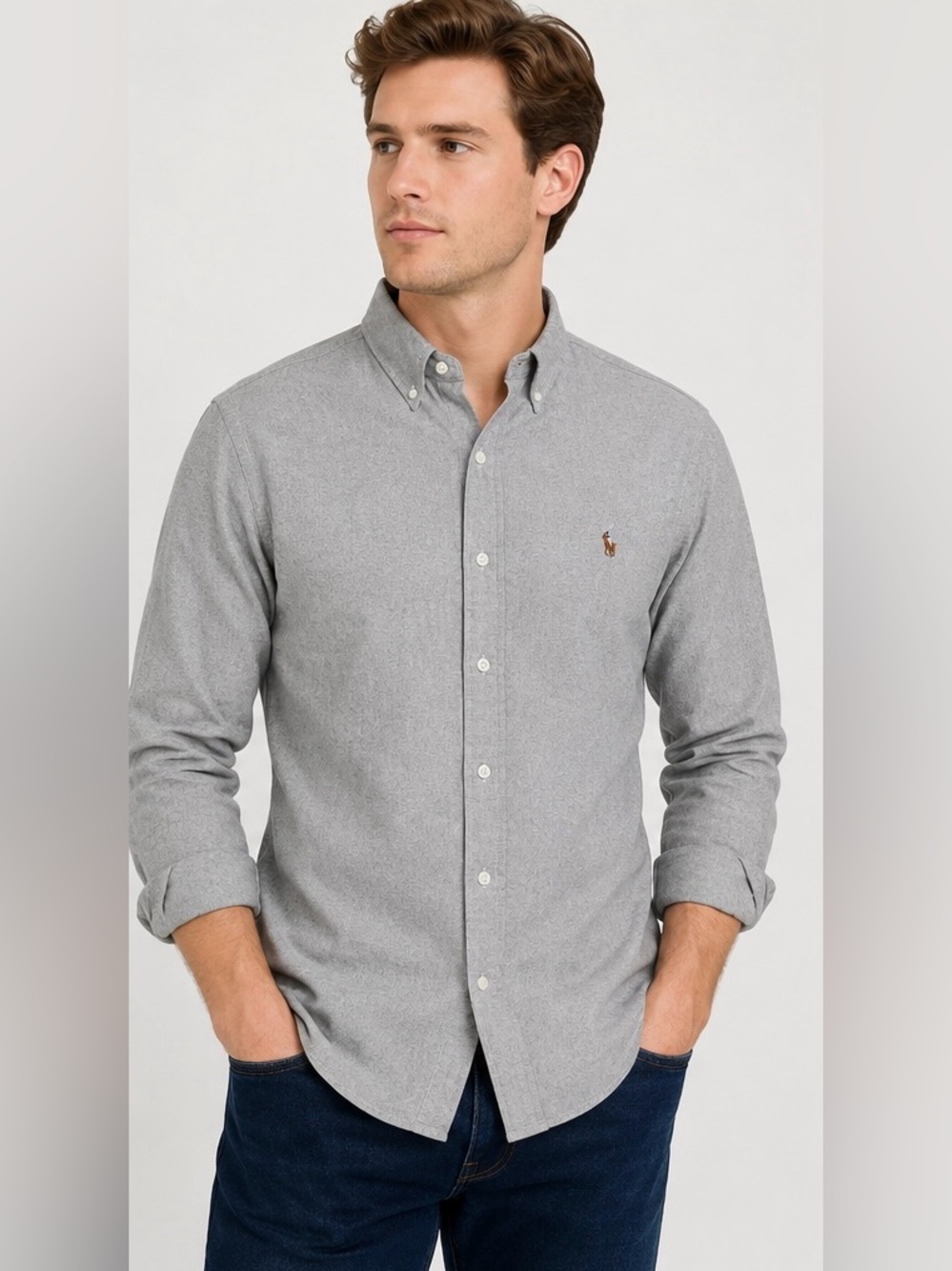 Ralph Lauren Men’s M Gray Oxford Cotton Button Down Multicolor Pony Shirt
